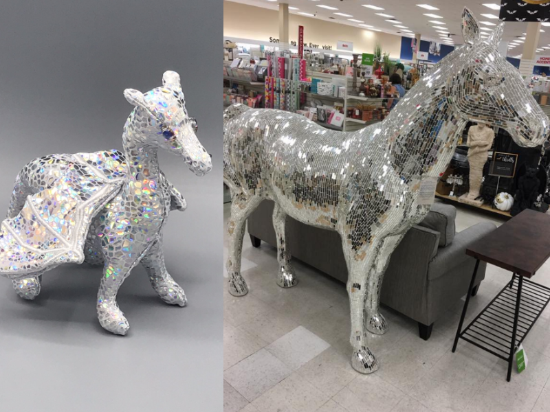 Two adjacent pictures. On the right is a horse statue completely covered in mirrored mosaic tiles, while on the left is one of my tiny "plush" dragons, viewed from the same angle - its fabric is a white base covered in tiny mirror-bright silver foil shapes.