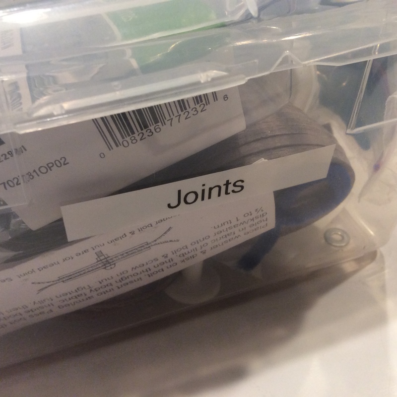 Shoebox labeled &quot;Joints&quot; containing doll/bear joints.