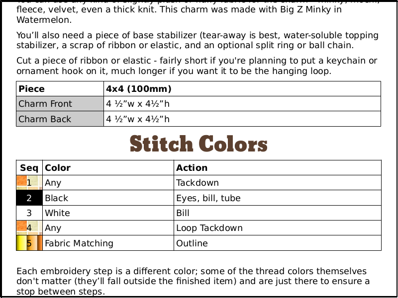 Sample table of the stitches in a Flamingo Floatie