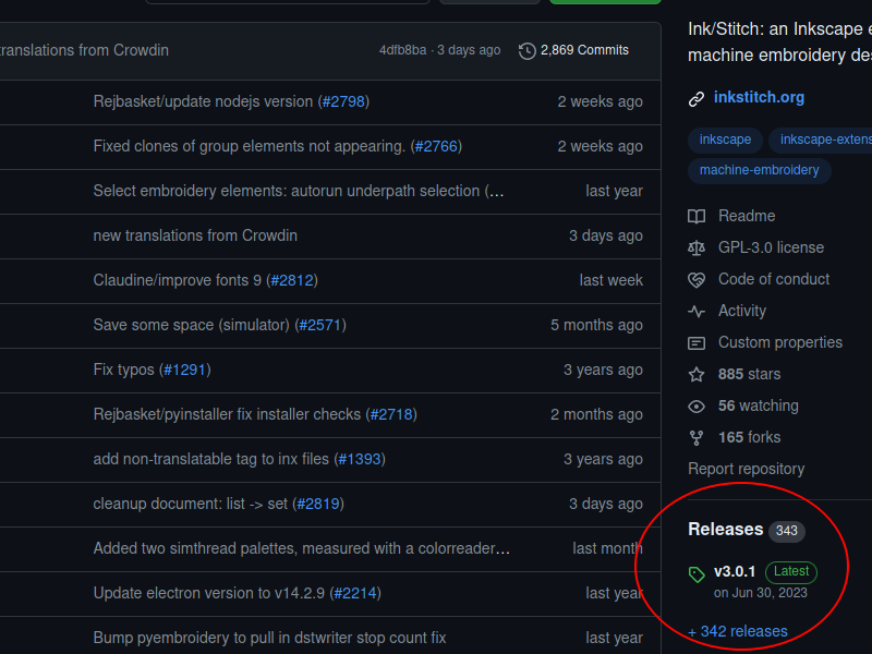 Github main page for the Ink/Stitch project, with the &quot;releases&quot; section circled