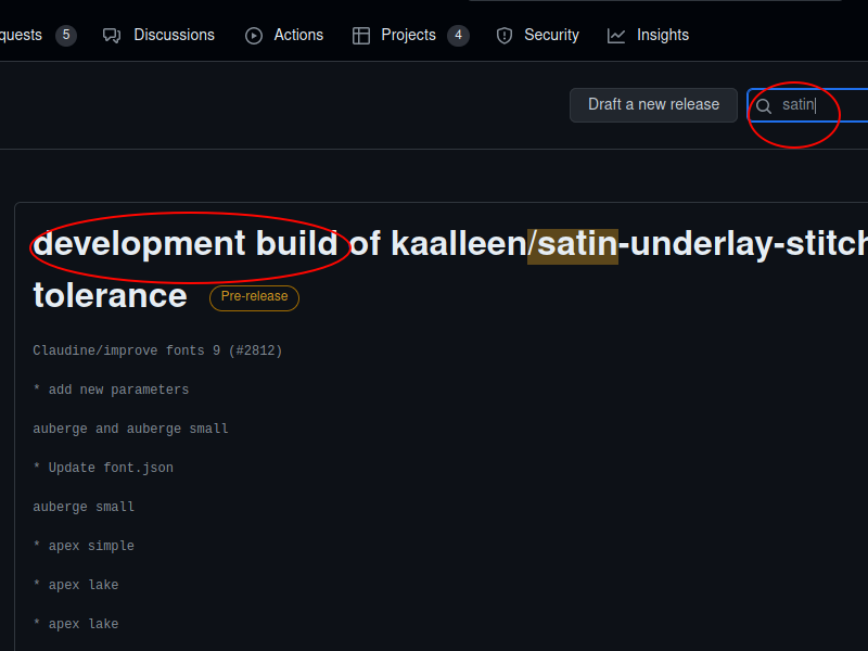 Github search box, with &quot;satin&quot; entered and the &quot;development build&quot; in the title circled
