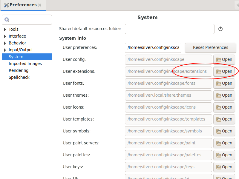 Inkscape Preferences modal, with the extensions folder area circled