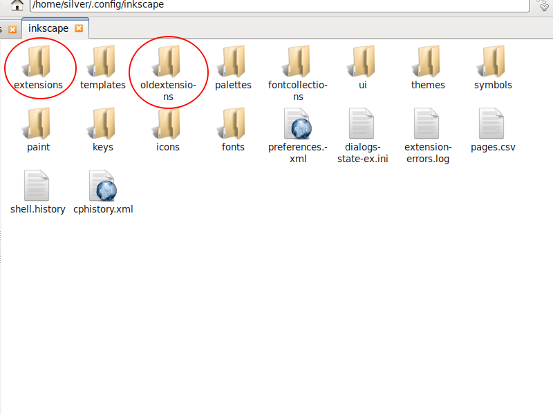 My Inkscape extensions folder (on a Linux LXDE desktop) with &quot;extension&quot; and &quot;oldextensions&quot; folders